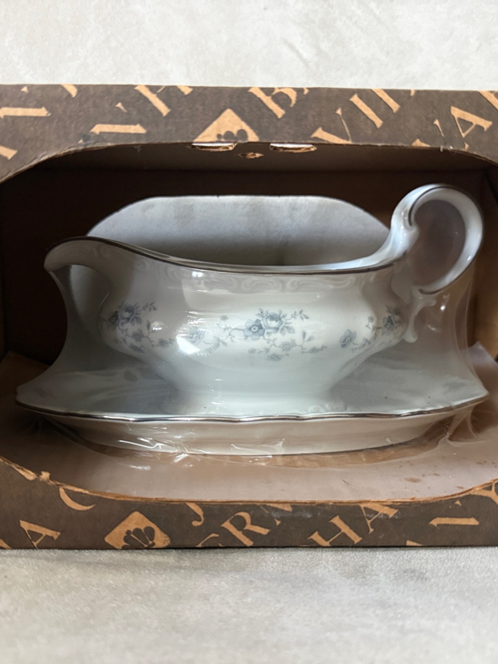 Vintage Haviland White Porcelain Gravy Boat with Blue Floral Trim